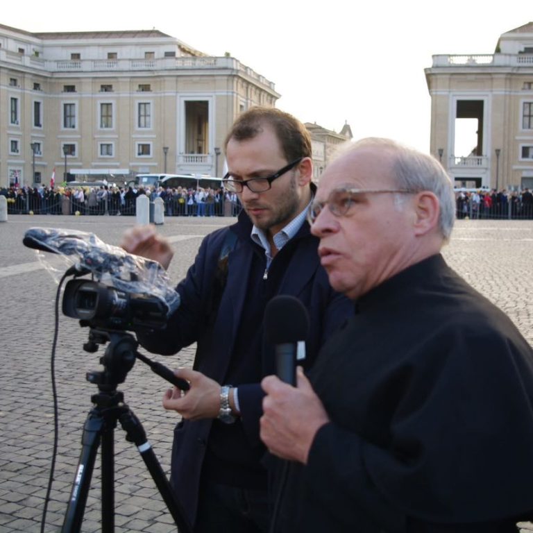 Father Willy responding to a media interview around St. Peters Square, Vatican City. Photo Credit: Fr. David Guffy, C.S.C.