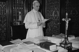 Pope Pius XII, who proclaimed the dogma of the Assumption of Mary in 1950, is seen at the Vatican in 1956. A report presented to the (Anglican) Church of Ireland's general synod claimed there is no biblical or historical basis for the Catholic doctrines of the Assumption and the Immaculate Conception. (CNS photo) (May 15, 2006) See IRELAND-MARIAN May 12, 2006.
